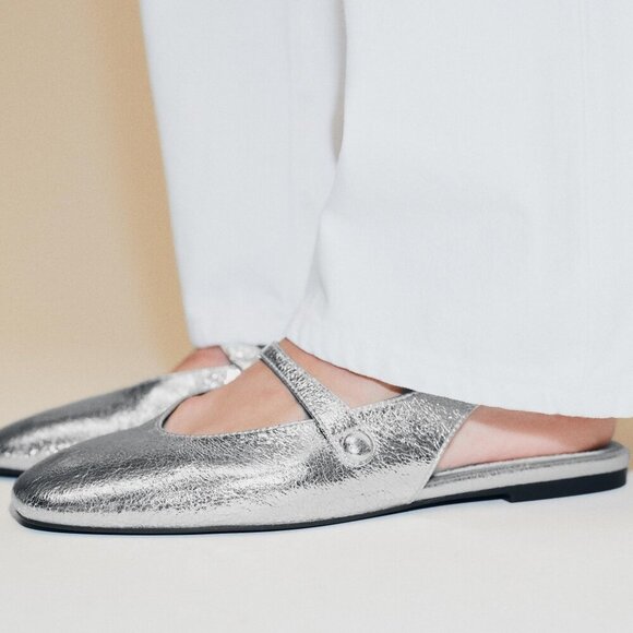 NWT Zara Silver Metallic Effect Slingback Ballet Flats Mules Slides Women 38 7.5 - Picture 1 of 14